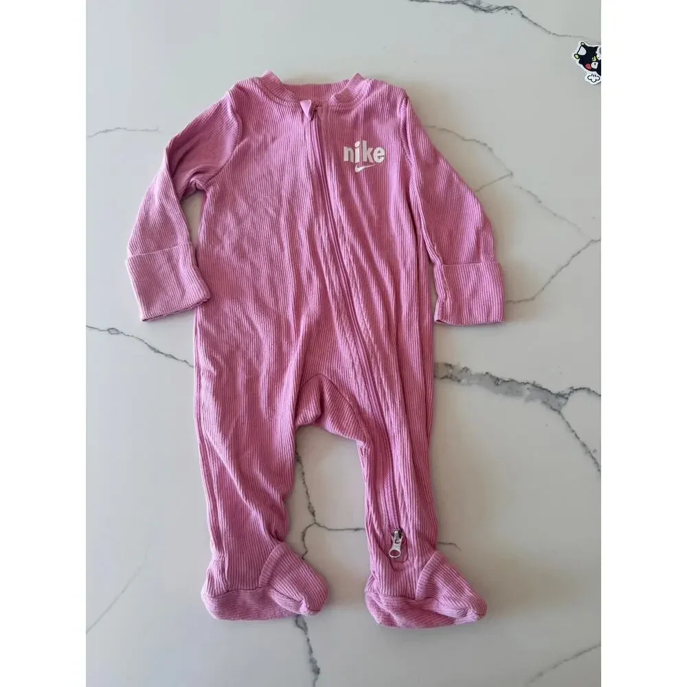 Nike Blush Pink Full-Zip Ribbed Footed Baby Girl Bodysuit